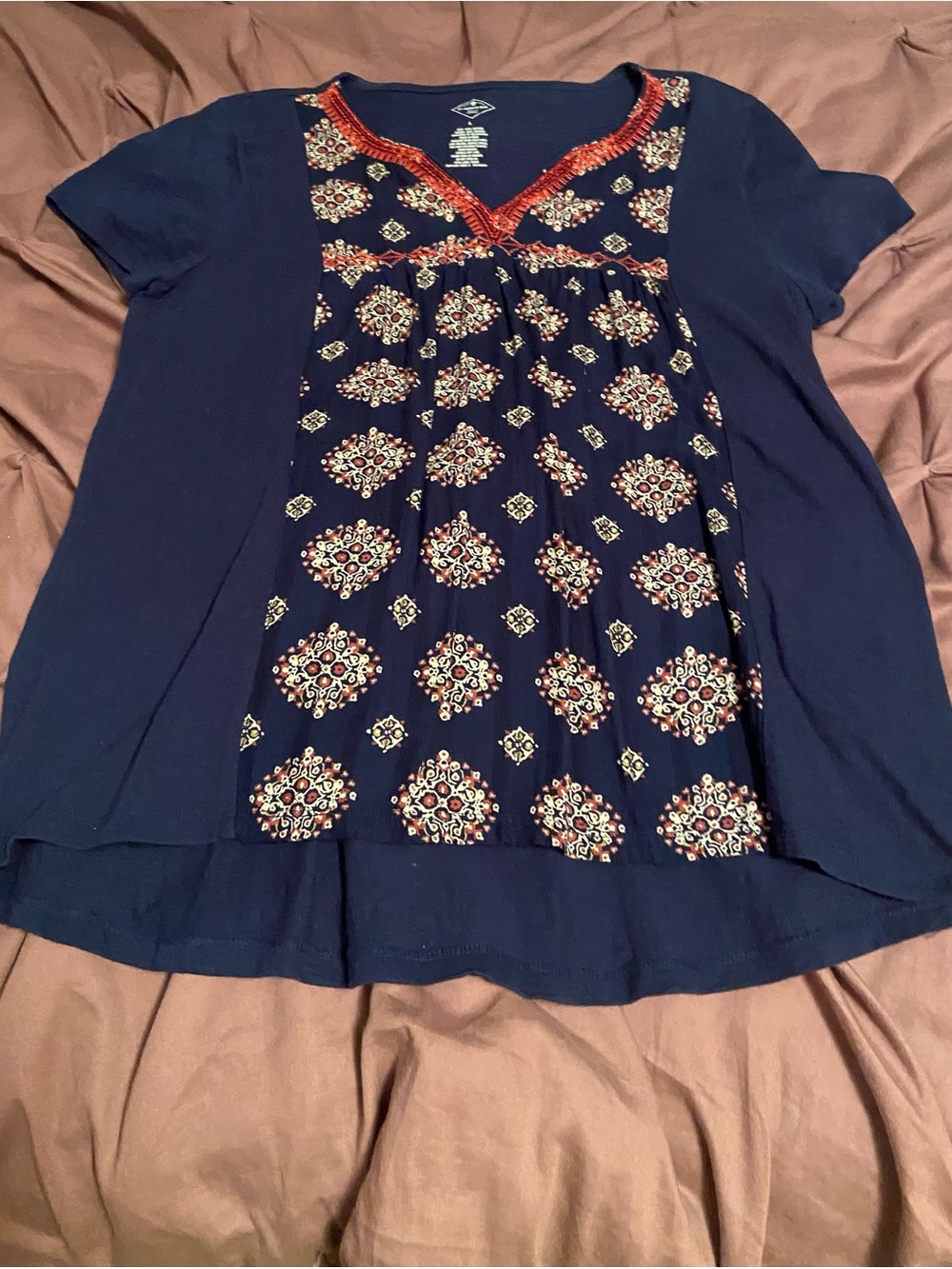 St. John's Bay Navy Tunic with Rust Embroidered V-Neck